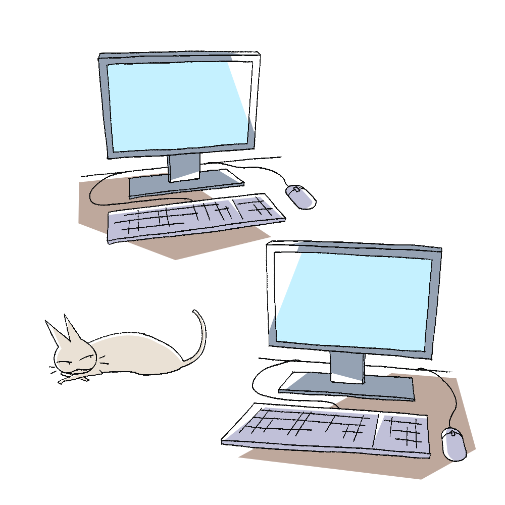 2台のパソコンと猫のイラスト